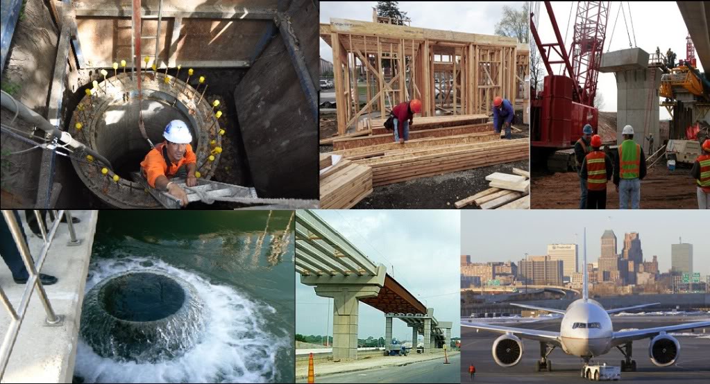 A collage of construction images including a jet bridge, a building and a man working on something.